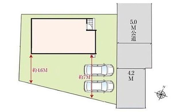 【区画図】◆敷地面積54.6坪！間口広々10ｍ超♪
◆建物南側に駐車場と広いお庭スペース♪
◆陽当たり良好◆お買い物も便利な閑静な住宅街です