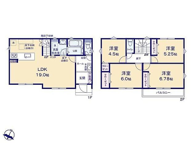 【4LDK】◆広くて明るい19帖のLDK◆動きやすい水回り設計◆玄関に手洗いカウンター♪帰宅後すぐに手洗い可能です◆お部屋すっきり全室収納付き◆明るい南向きバルコニー