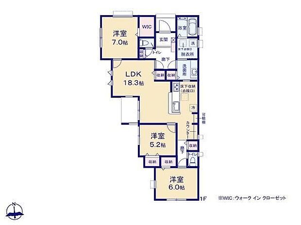 【3LDK】◆スムーズな生活動線が魅力の平屋プラン♪◆広々18.3帖のLDK♪◆リビングが見渡せる対面キッチン◆動きやすいまとまった水回り設計◆お部屋すっきり全室収納付き