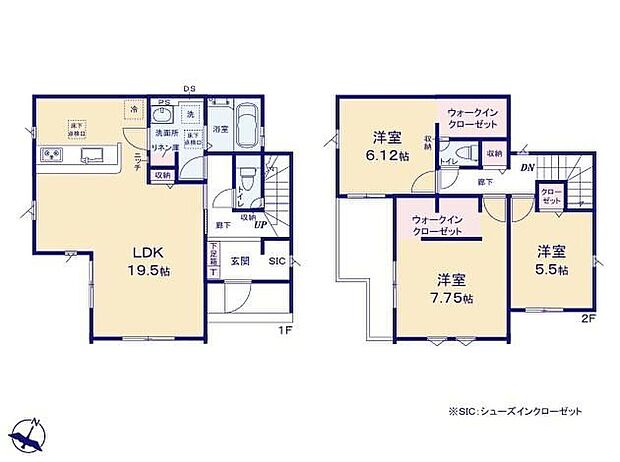 【3LDK】◆広々19.5帖のＬＤＫ♪リビングが見渡せる対面キッチン◆２方向から出入りできる洗面所◆玄関にＳＩＣや２居室にＷＩＣ、洗面所にリネン庫のある収納豊富な間取り