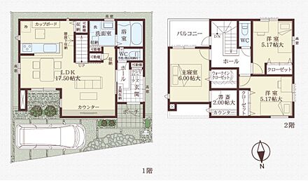リビング階段につき、ご家族と顔を合わせてコミュニケーションを取りやすい設計。約17.50帖のLDKは、ご家族が自然と集う団らんのスペースになりそうです。WICと書斎付きの洋室(約6.00帖)あり。 