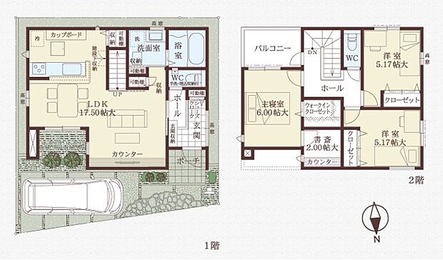 【3LDK+1S】リビング階段につき、ご家族と顔を合わせてコミュニケーションを取りやすい設計。約17.50帖のLDKは、ご家族が自然と集う団らんのスペースになりそうです。WICと書斎付きの洋室(約6.00帖)あり。