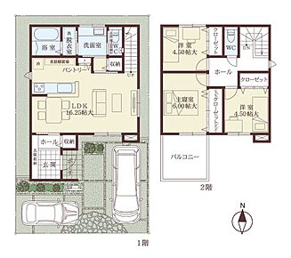 随所に収納が設けられた3LDKの住まい。洗面室と浴室がキッチンに隣接しているため、入浴中のお子様の様子を伺いながら、キッチンに立つことができます。ワイドカウンターの洗面、独立タイプの脱衣室など、ご家族に嬉しい間取りです。※外構費その他諸費用は別途必要 