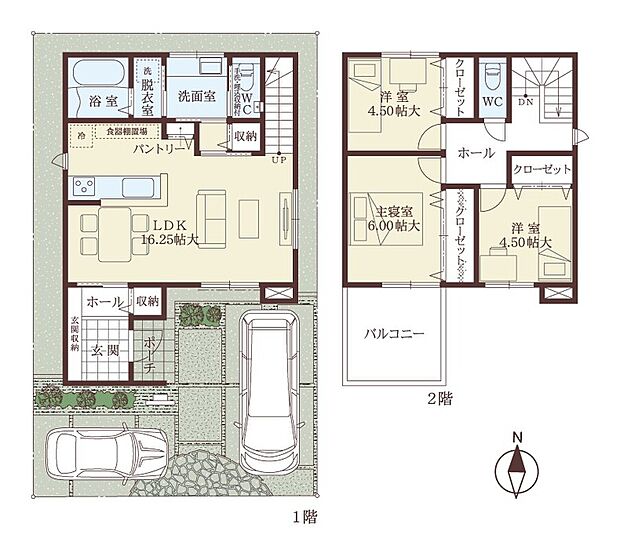 【3LDK】随所に収納が設けられた3LDKの住まい。洗面室と浴室がキッチンに隣接しているため、入浴中のお子様の様子を伺いながら、キッチンに立つことができます。ワイドカウンターの洗面、独立タイプの脱衣室など、ご家族に嬉しい間取りです。※外構費その他諸費用は別途必要