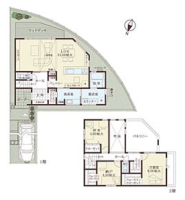 1階LDKは広々約21帖◎上部吹抜けと3面採光で明るく開放的な空間です。玄関のSCから洗面・脱衣・浴室へと繋がり、ホールからパントリー経由でキッチンへ回遊できる動線が魅力です。 