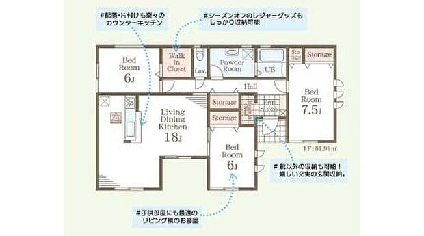 【3LDK】ウォークインクローゼット付きの平屋プラン♪
全室6帖超えでゆったりとお使いいただけます。