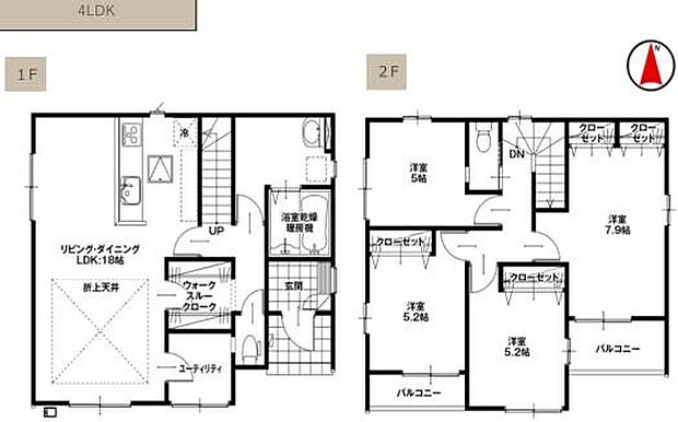【4LDK】日当たり良好な4LDK！
収納スペースを豊富に備えており、2階には大容量のWICもございます！
