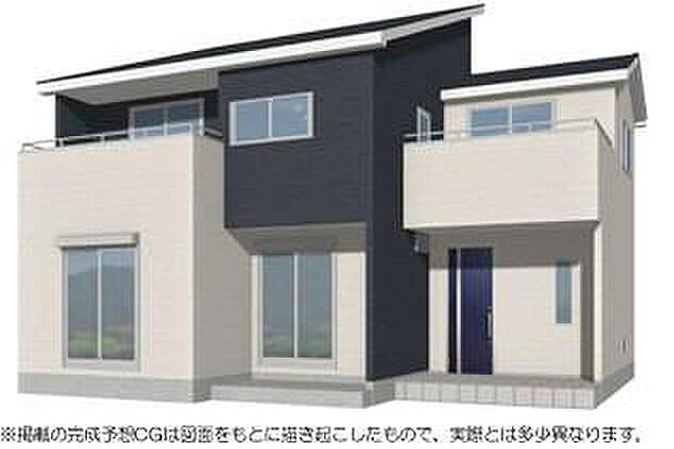 【５号棟　完成予想図(外観)】ネイビーとホワイトの上品なツートンカラー。落ち着きとやわらかさを兼ね備えた心安らぐ佇まいです。