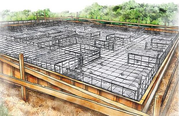 【【ベタ基礎工法】】基礎に「鉄筋入りコンクリートベタ基礎」を標準採用。碁盤目状に配筋し、コンクリートを流し込んで造ります。建物の加重を分散して地面に伝えることができ不動沈下に対する耐久性や耐震性を向上することができます。