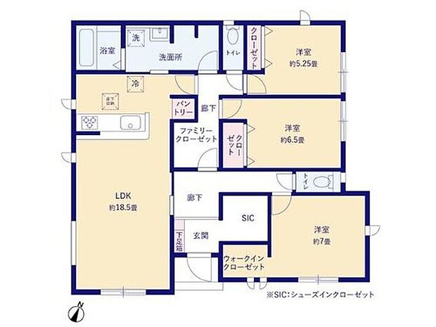 【3LDK】◇ワンフロアで生活が完結する生活動線がコンパクトな平屋建てプラン♪
◇SIC、WIC、FC、Pantryなど収納スペースが豊富な間取り♪
◇水回りが集中しており、効率的でストレスのない家事動線♪
