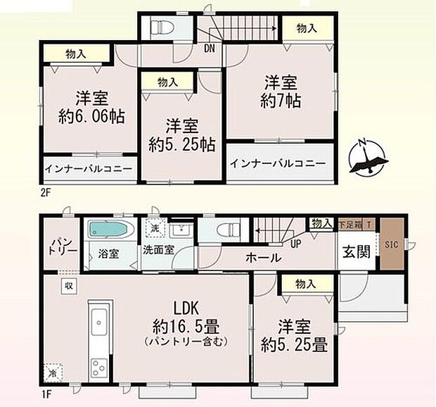 【4LDK】陽光あふれる全室南向きの邸宅です。約16帖の広々LDKに洋室が隣接し使い勝手良好♪
キッチンには食料品のストックにも便利なパントリー付き◎玄関にはSIC完備！
インナーバルコニーは雨の日でも安心♪
