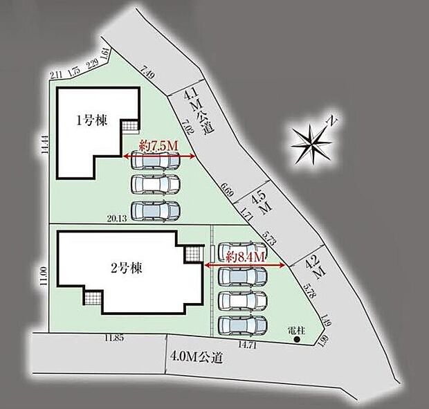 【全体区画図】ゆとりの敷地に2階建＆平屋プランのお住まい☆並列3～4台分の車を駐車できる広大なカースペースがあり、ご家族用や来客時にも大変便利です♪