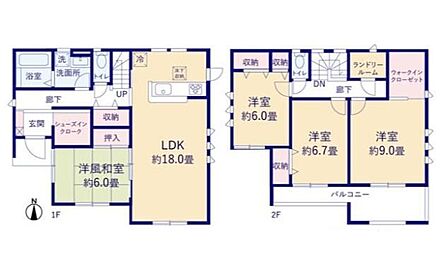 収納充実◎玄関にはスペースを有効活用できるシューズインクローゼット完備♪
寛ぐにも最適な洋風和室◎お子様のお昼寝スペースにもなりますね♪
南側バルコニー2カ所では、お布団もたくさん干せます♪ 