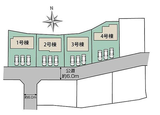 【全体区画図】藤岡市藤岡の新築分譲全4棟が登場！
平坦な街並みで自転車の移動やお散歩もスムーズ♪各棟3台分のカースペースを確保し来客時も安心◎
藤岡ICまで車で10分圏内と近く、遠出やレジャーへのアクセスも抜群◎