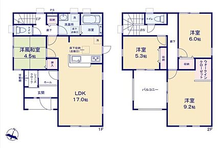 LDK17帖＋洋風和室4.5帖で、家族が集まりやすい間取り♪対面カウンターキッチンで会話も楽しみやすく、SICで玄関まわりもすっきり。主寝室はゆとりの9.2帖＋WIC付き！2部屋から行き来できるバルコニーも魅力です☆ 