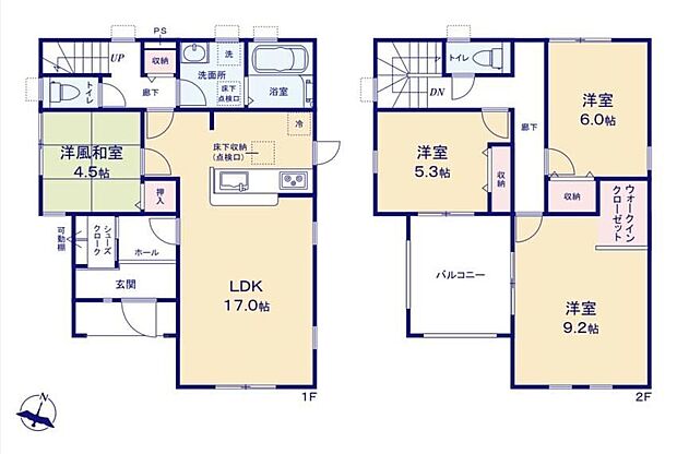 【4LDK】LDK17帖＋洋風和室4.5帖で、家族が集まりやすい間取り♪対面カウンターキッチンで会話も楽しみやすく、SICで玄関まわりもすっきり。主寝室はゆとりの9.2帖＋WIC付き！2部屋から行き来できるバルコニーも魅力です☆
