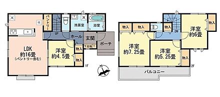 LDK16帖＋パントリー付き♪家族の暮らしにフィットする4LDK！
1階に4.5帖の洋室を備え、客間やキッズスペースにも活躍♪
2部屋からつながる南向きバルコニーも魅力の、収納力と暮らしやすさが詰まった住まいです☆ 