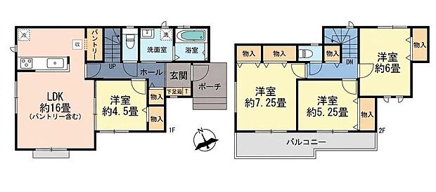 【4LDK】LDK16帖+パントリー付き♪家族の暮らしにフィットする4LDK!
1階に4.5帖の洋室を備え、客間やキッズスペースにも活躍♪
2部屋からつながる南向きバルコニーも魅力の、収納力と暮らしやすさが詰まった住まいです☆