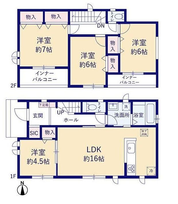 【4LDK】LDK16帖+1階洋室♪収納充実の4LDK!
SICや各居室の収納など、すっきり暮らせる収納力が魅力☆
2つのインナーバルコニーは雨の日も安心♪洗濯物や布団など、干す場所を使い分けられるのも嬉しいポイントです◎
