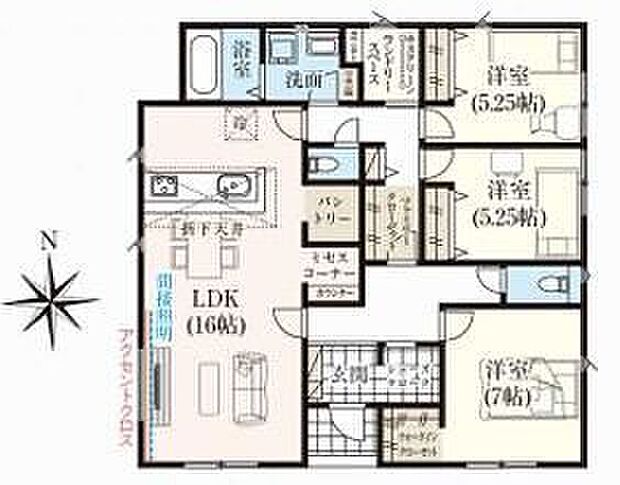 【3LDK】☆生活動線がコンパクトで人気の平屋プラン☆LDKには広々パントリー、カウンター付きの家事コーナーを備えキッチンはいつもすっきり、雑務もはかどります◎室内干しにうれしいランドリースペース付き。