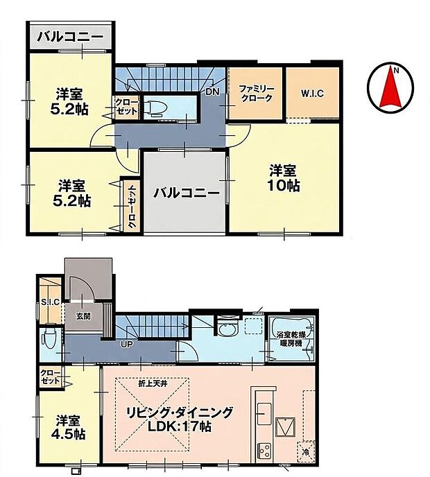 【4LDK】LDK17帖+洋室4.5帖!ファミリークローク付き4LDKプラン♪SIC、WICなど、収納充実♪管理がしやすく衣替えも快適♪廊下から直接バルコニーへ出ることが可能☆採光良好で開放的な印象を与えます♪