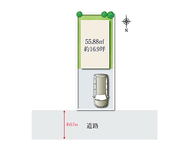 土地面積：55.88m2
前面道路広々5.7ｍ！