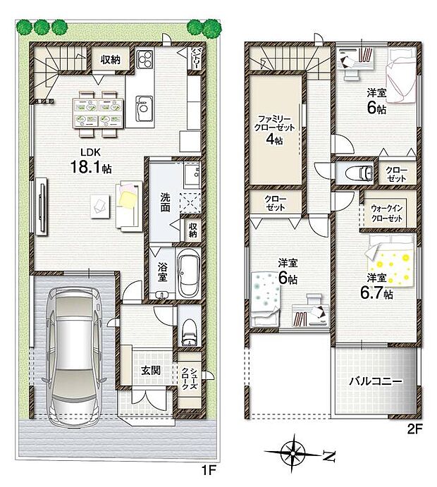 【F号地プラン】4LDK+FCL+駐車スペース
●敷地面積/約83.45m2(約25.24坪)
●建物面積/約99.22m2(約30.00坪)