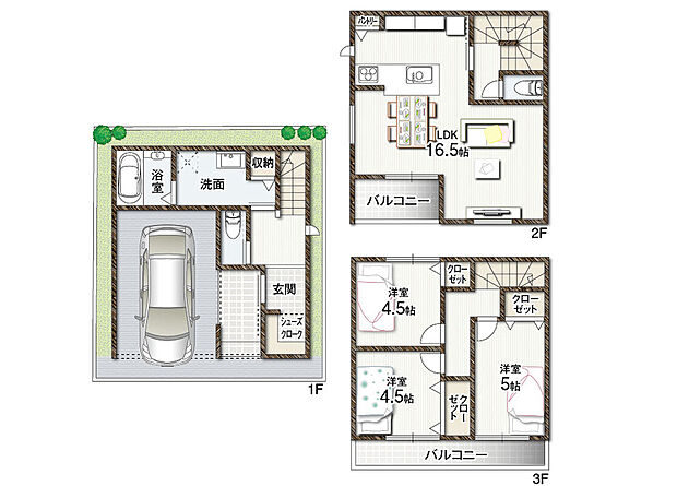 【3LDK+駐車スペース】■敷地面積/約53.31m2(約16.12坪)
■建延面積/約83.83m2(約25.35坪)
◎ゆとりを持たせた玄関には、シューズクロークを設置
◎玄関から各スペースへとつながる、無駄のない生活動線
◎水まわりを1階に集約し、帰宅後すぐに手洗いや入浴ができる安心設計
◎光と風を取り込み、室内に開放感をもたらすリビングに隣接したバルコニー
◎家族構成やライフスタイルに合わせて柔軟に使える居室