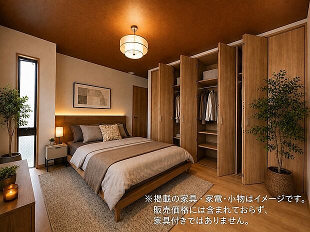 【洋室】ゆとりある７．２帖の主寝室♪大きめのクローゼットを備え、衣類や荷物もすっきり収納できます。　※家具・家電はイメージです。家具・家電は付いておりません。