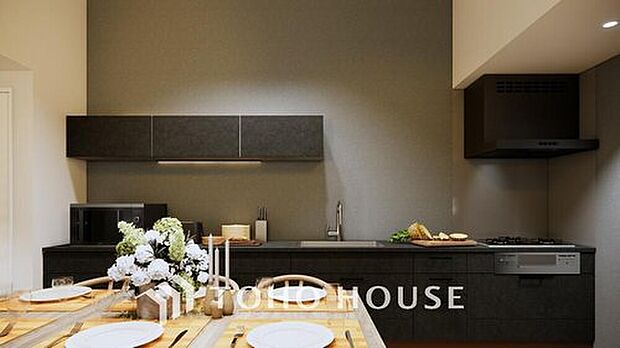 【キッチン（パース）】リビングのスペースを広く取れる壁付けキッチン。家事の動線を考えるとキッチンの後ろにすぐダイニングテーブルを配置することができて便利ですね。