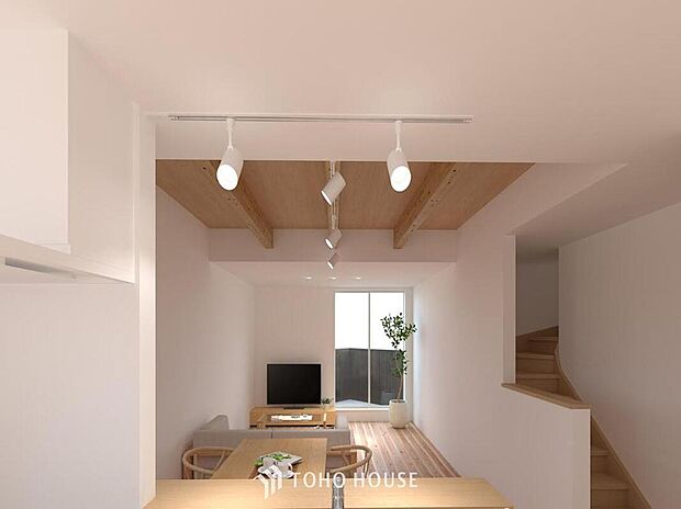 【完成予想図(内観)】【リビングパース】
忙しい朝でも、しっかり家族が揃って食事をして頂けるゆとりある大きさのダイニングスペース。手料理をテーブルで囲む素敵な時間を存分に愉しんで下さい。