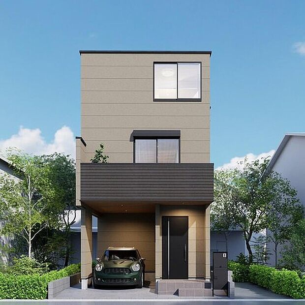 【完成予想図(外観)】チュラルな色使いとスタイリッシュなフォルムで存在感を漂わせる街並み。都会的な外観と、雰囲気のある街並みがマッチし、新生活の情景を生み出します。