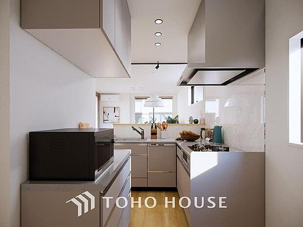 【キッチン(パース)】大型の冷蔵庫やレンジボードもしっかり置ける広々としたキッチンスペースが大事。ゆとりある空間で作業ができるとお料理の腕も日に日に上がりそうな気がしてきます。