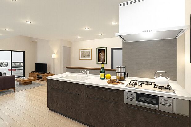 【【イメージパース】】対面式のシステムキッチンでお料理しながら会話を楽しんだり、お子様の宿題や、遊んでいる様子を確認することもできます♪