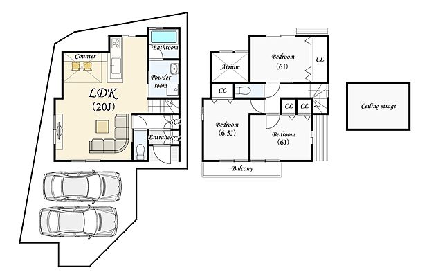 【１１号地：新築参考プラン】■土地2546万円（98.89ｍ2）■建物1924万円（88.70ｍ2）　リビング２０帖＆全居室６帖以上を確保した間取り！リビングには開放感のある吹抜ございます！