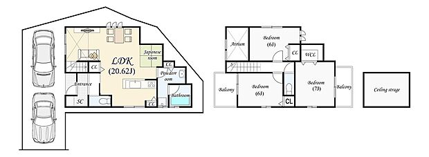 【１２号地：新築参考プラン】■土地2608万円（102.13ｍ2）■建物1924万円（92.75ｍ2）　リビング２０帖超＆全居室６帖以上を確保！ほっこり落ち着くタタミコーナーはお子様が遊んでいる様子をリビングから見守ることもできますね！