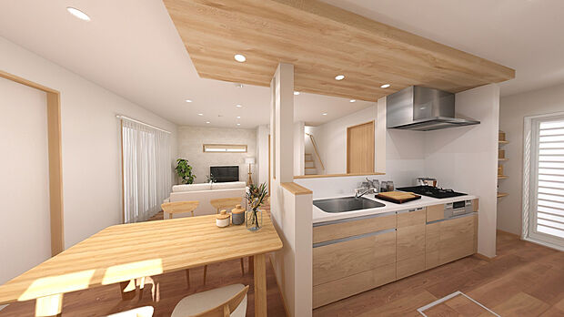 【【4号地】イメージパース/リビング】キッチンは折り下げ天井なので空間にメリハリがでて、リビングを広く見せる効果があります♪