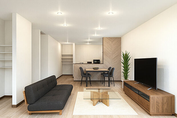 【イメージパース/リビング】【新築参考3階建てプラン】2階リビングは陽当たり、風通し共に良好でご家族みんなで過ごす空間をより心地良くしてくれます！