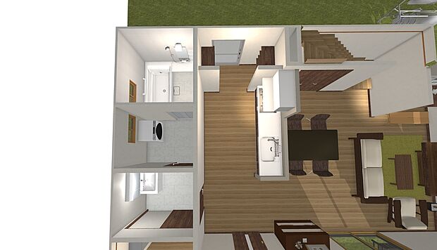 【新築参考プラン・イメージパース】
水回りがまとまっており、家事導線が短く家事効率がUP