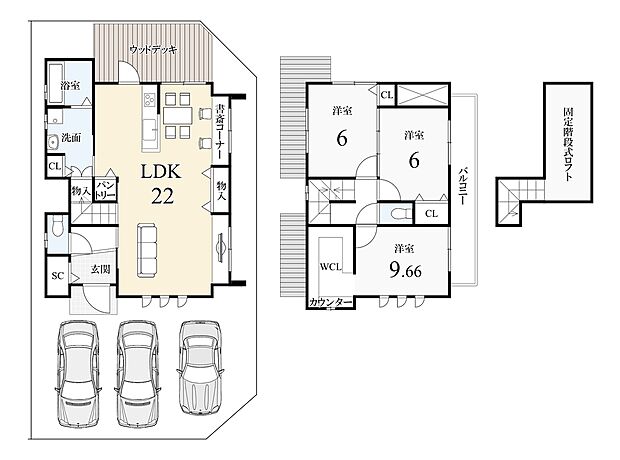 【3号地:新築参考プラン】 建物価格2199万円 建物面積97.96m2 ※ウッドデッキ費用別途要 京都各地にモデルハウスがございますので一緒に生活イメージを膨らましに行きましょう♪