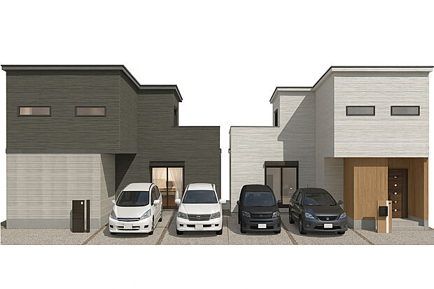 【分譲イメージパース】
両区画30坪超え!小学校まで徒歩10分!親御様もお子様も安心の距離!(左側1号地、右側2号地)