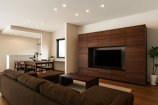 【【平屋プラン・イメージパース】】広々としたリビングなので、大きな家具を置いてもゆとりのある広さ!