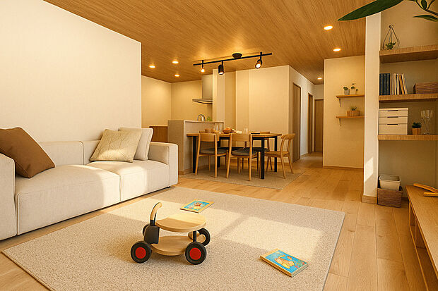 【【リビング】※1号地イメージパース】大切なご家族が集まるからこそLDKはこだわりたい!休日はおひさまの光をたっぷりと取りこめるリビングでゆったりと過ごしませんか?子供たちが元気に笑いながら走り回っても十分な広さの空間です。