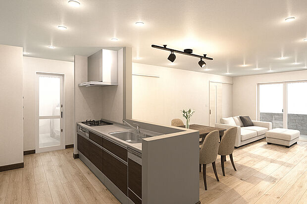 【【イメージパース】】リビングで遊ぶお子様を見守りながらお料理ができる対面キッチン！環境にもママの手にも優しい食器洗乾燥機付！