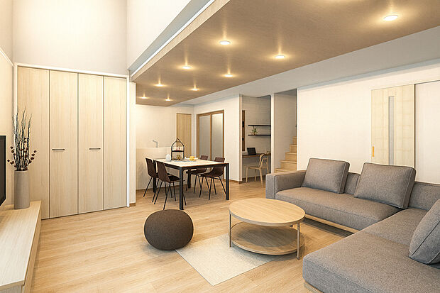 【【リビング：１号地イメージパース】】ゆったりとしたリビングは自然とご家族の集まる場所に！リビング階段なのでご家族の外出・帰宅が把握しやすい♪