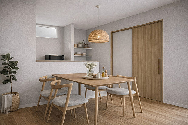 【【リビング:20帖】イメージパース】忙しい朝もしっかり家族が揃って食事をして頂けるゆとりある大きさのダイニングスペース