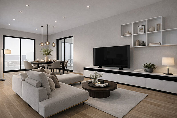 【【イメージパース】※新築参考プランC】家族団らんの時間も増えそうなくつろぎのLDK!大画面TVも余裕、インテリアプランが考えやすいワイドなリビング♪