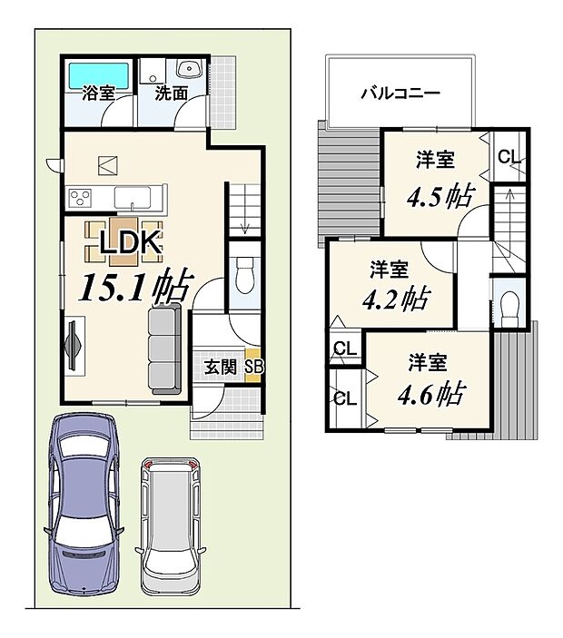 【3LDK】仮測量面積：約85.50ｍ2（25.86坪）
有効土地面積：約85.06ｍ2（25.73坪）