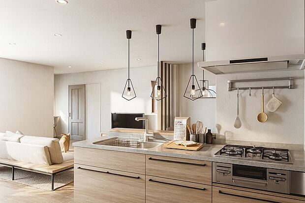 【2号地(パース図):キッチン)】
「こんなお家に住みたい!」を可視化。お客様のご希望の間取りでパースの作成も可能です。(※実際の色味や材質とは異なる場合がございます)