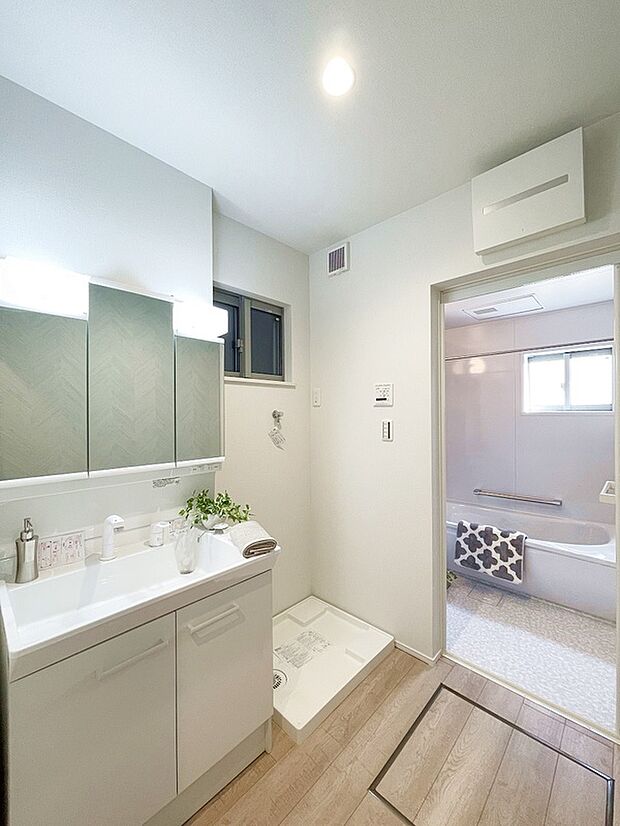 鏡裏収納がある為たっぷり収納しておくことが可能です。鏡の扉を閉めれば小物が丸見えにならず、すっきりした印象で使用することができるため来客が使用される際もプライバシーが保たれます。